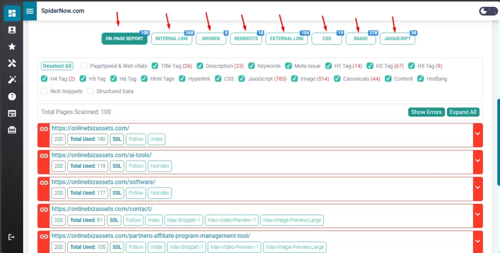 SpiderNow On-Page Reports