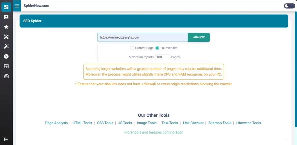 SpiderNow Website Analysis - SEO Spider